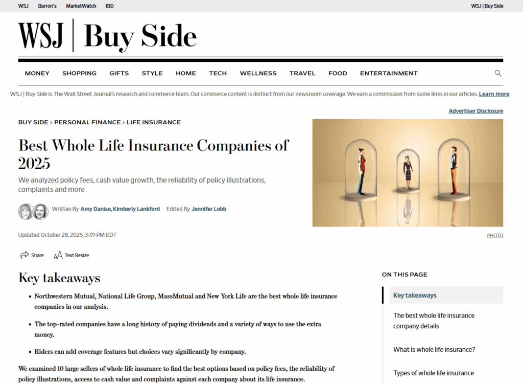 Screenshot of the article from the Wall Street Journal, 'Best Whole Life Insurance Companies of 2025'