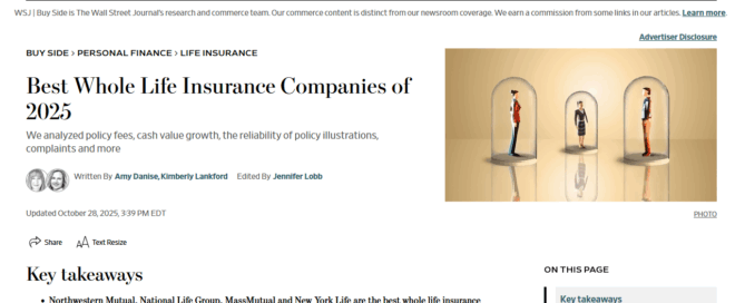 Screenshot of the article from the Wall Street Journal, 'Best Whole Life Insurance Companies of 2025'
